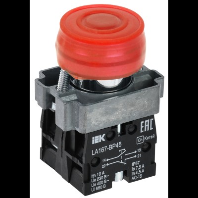 Кнопка LA167-BP45 d=22мм 1з+1р красная IEK BBT20-BP45-3-22-67-K04 Кнопка LA167-BP45 d=22мм 1з+1р красная IEK BBT20-BP45-3-22-67-K04