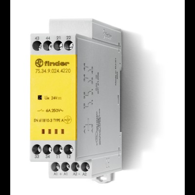 Реле безопасности модульное электромеханич. (реле с принудительным управлением контактами) 2NO+1NC+1 AUX(доп.контакт) 6А AgSnO2 12В DC безвинт. клеммы Push-in 22.5мм IP54 7S4390120211 7S3490124220 Реле безопасности модульное электромеханич. (реле с принудительным управлением контактами) 2NO+1NC+1 AUX(доп.контакт) 6А AgSnO2 12В DC безвинт. клеммы Push-in 22.5мм IP54 7S4390120211 7S3490124220