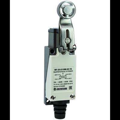 Выключатель ВП 25-2116М-65 У2, рычаг со стальным роликом, 1з+1р, безинерционный, 21х56 мм, 3А, IP65, путевой (ЭТ) ET003885 Выключатель ВП 25-2116М-65 У2, рычаг со стальным роликом, 1з+1р, безинерционный, 21х56 мм, 3А, IP65, путевой (ЭТ) ET003885