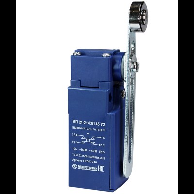 Выключатель ВП 24-2143П-65 У2, рычаг со стальным роликом, регулируемый по длине, 1з+1р, безинерционный, 20 мм, без сальника, 3А, IP65, путевой (ЭТ) ET007246 Выключатель ВП 24-2143П-65 У2, рычаг со стальным роликом, регулируемый по длине, 1з+1р, безинерционный, 20 мм, без сальника, 3А, IP65, путевой (ЭТ) ET007246