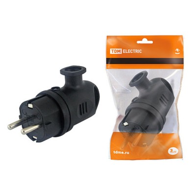 Вилка угловая с ушком каучук 2Р+РЕ 16А 250В IP44 TDM Вилка угловая с ушком каучук 2Р+РЕ 16А 250В IP44 TDM