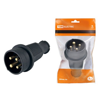 Вилка прямая каучук 3Р+РЕ 32А 380В IP44 TDM Вилка прямая каучук 3Р+РЕ 32А 380В IP44 TDM