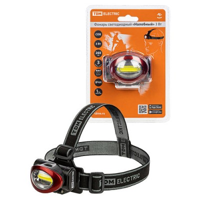 Фонарь светодиодный "Налобный" 3 Вт COB, 260 лм, бат. 3*AAA TDM Фонарь светодиодный "Налобный" 3 Вт COB, 260 лм, бат. 3*AAA TDM