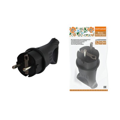 Вилка с ушком каучук 2Р+РЕ 16А 250В IP44 серии "Народная" Вилка с ушком каучук 2Р+РЕ 16А 250В IP44 серии "Народная"