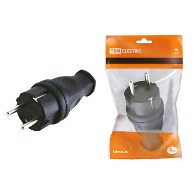 Вилка прямая каучук 2Р+РЕ 16А 250В IP44 TDM Вилка прямая каучук 2Р+РЕ 16А 250В IP44 TDM