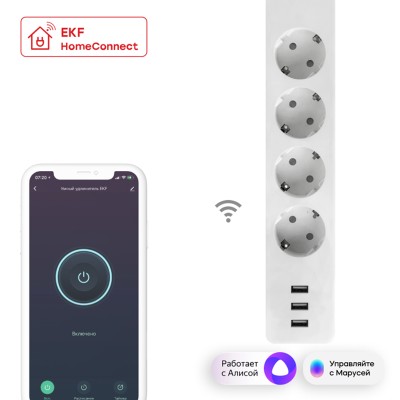 Умный удлинитель 4-местный 3хUSB 1,8 м белый Wi-Fi Connect EKF RCE-1-WF Умный удлинитель 4-местный 3хUSB 1,8 м белый Wi-Fi Connect EKF RCE-1-WF