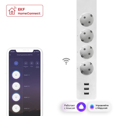 Умный удлинитель 4-местный 3хUSB 1,8 м белый Wi-Fi Connect PRO EKF RCE-2-WF Умный удлинитель 4-местный 3хUSB 1,8 м белый Wi-Fi Connect PRO EKF RCE-2-WF