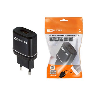 Сетевое зарядное устройство, СЗУ 3, 2,1 А, 1 USB, черный, TDM Сетевое зарядное устройство, СЗУ 3, 2,1 А, 1 USB, черный, TDM